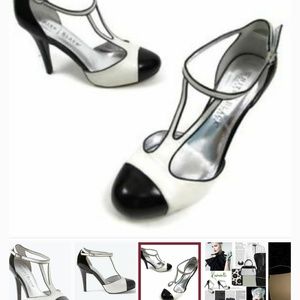 Black and white t strap shoes